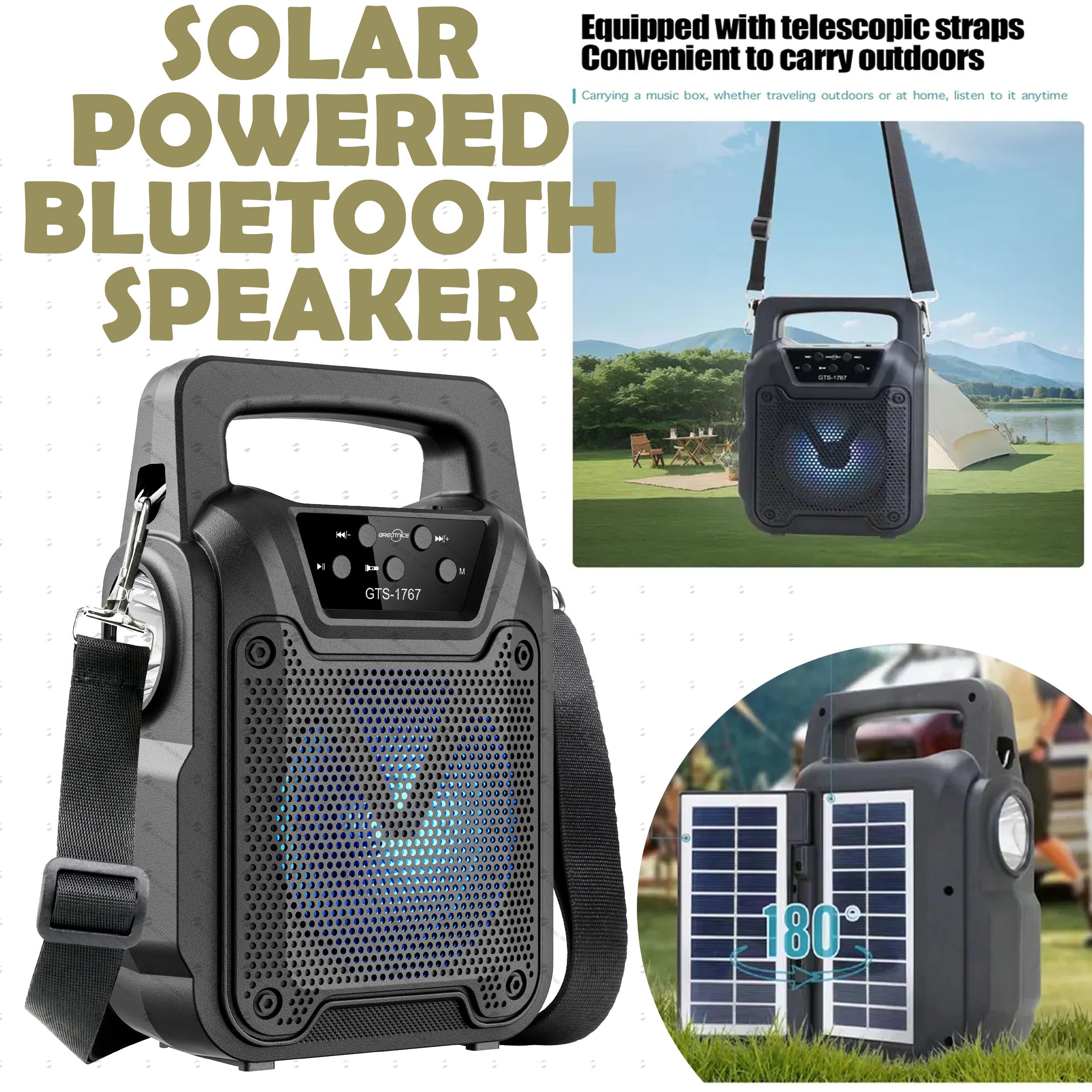 GTS‑1767 Solar Wireless Bluetooth Speaker | MP3, FM Radio, SD Card, USB | LED Flashlight Portable