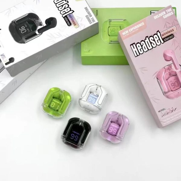 Air31 Earbuds Wireless Crystal Transparent body | Air 31 Bluetooth Ear Bud - with pouch (random color) - white