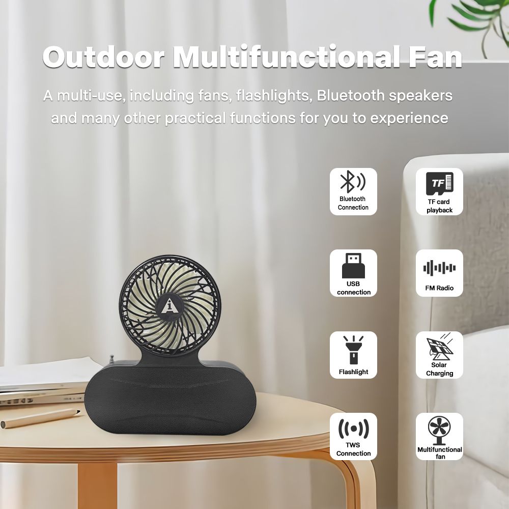 Solar fan Bluetooth speaker | Wireless outdoor portable With blowing flashlight | Listening to music Support TF card U disk FM radio TWS interconnection