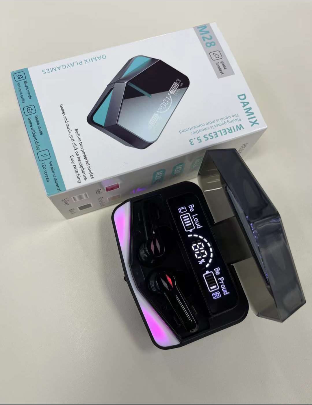 DAMIX M28 TWS Wireless 5.3 Gaming Earbuds with LED Power Display, Dual Mode (Game/Music), Low Latency, and HD Mirror Design